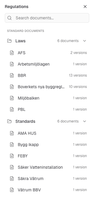 Library interface showing regulations and search
