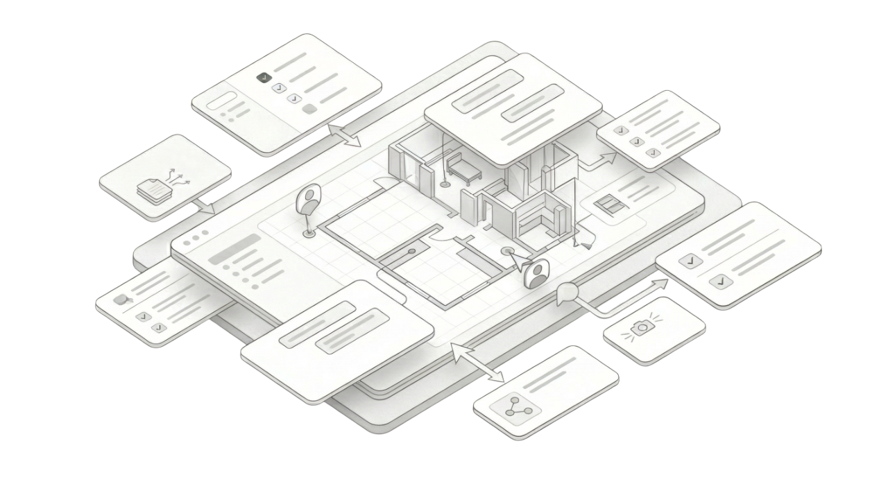 Isometric illustration of BIM workspace with automation and data streams